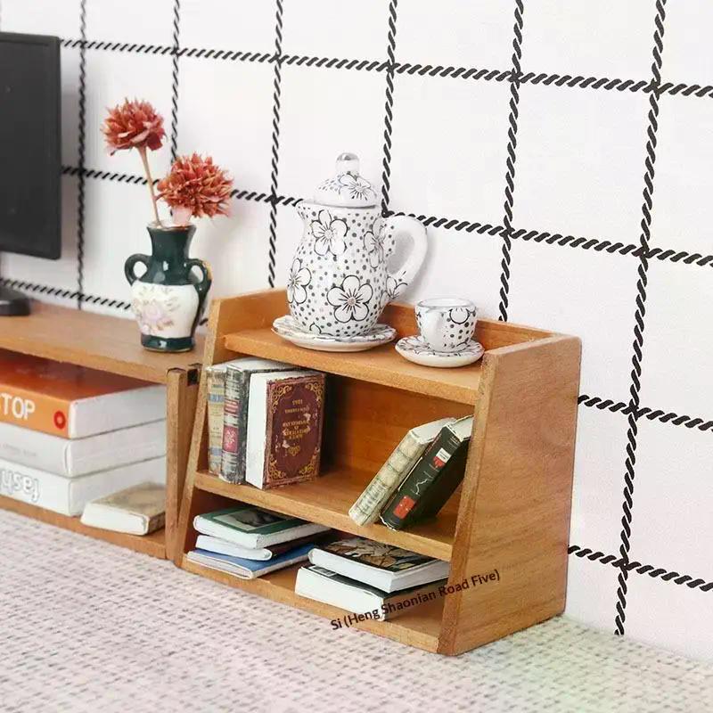 1: 12 Dollhouse Mini Cherry Wood Display Shelf Cabinet Miniature Storage Rack Doll House Furniture Model Toys