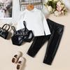 Abbigliamento Bambini Autunno e Inverno Nuovo Completo da Ragazza Top a Collo Alto Manica Lunga + Gilet in Ecopelle + Pantaloni in Ecopelle
