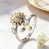 Two-tone sunflower and bee open ring Forest-themed pastoral style ring with colored stones and diamond accents
