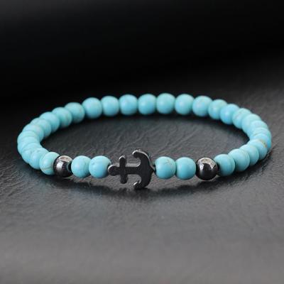 Pulseras de Cuentas Redondas de Turquesa de Vesícula Biliar Negra para Hombre Mujer Pulsera Simple de Cuentas de Ancla Joyería de Mano para Pareja
