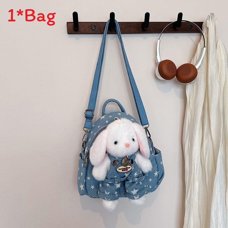 Cartoon Double Shoulder Backpack For Girls Kids Travel Lightweight Denim School Bag With Zipper Closure