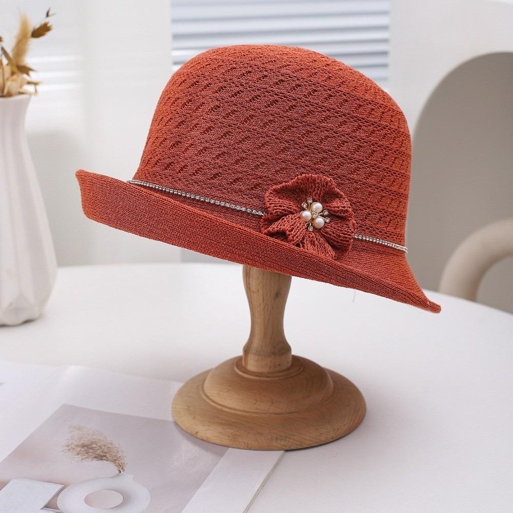 

Round-Top Middle-aged Mother Hat Polyester Bucket Hat High-End Hepburn-Style Sun Hat Beach brick червоний колір
