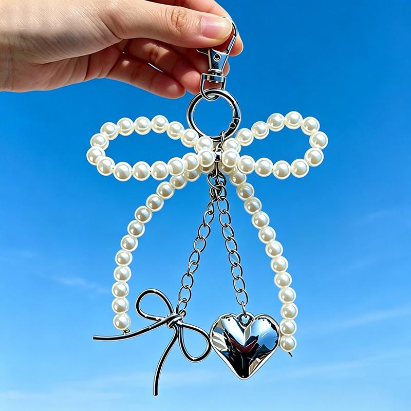 Yogodlns Bowknot Heart Pendant Women Sweet Charm White Pearl Bow Backpack Bags Pendants Decoration Gifts
