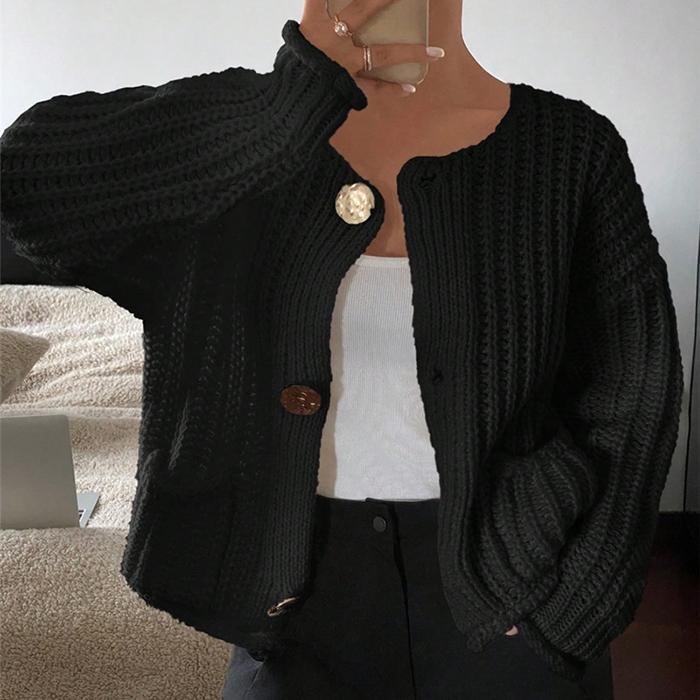 Damen Strickcardigan mit offener Vorderseite, einfarbig, langen Ärmeln, Rundhalsausschnitt und Tasche