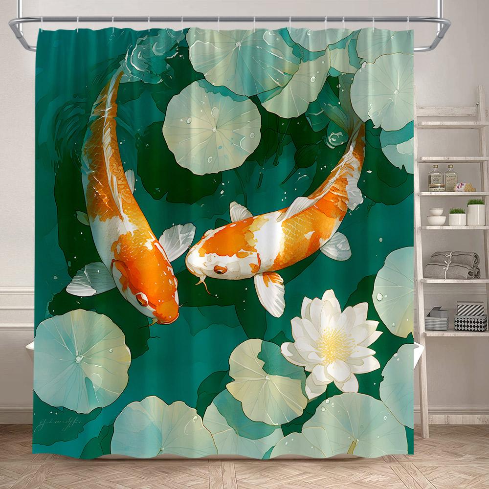 Pink Cherry Blossom Koi Fish Shower Curtains Watercolour Floral Lotus Leaves Carp Japanese Style Bathroom Curtain Set Home Decor