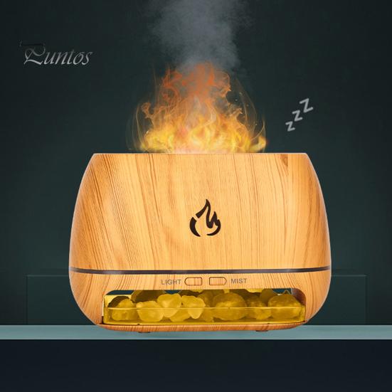 Desktop Air Humidifier Essential Oil Diffuser with RGB Colorful Light Realistic Flame Effect 3-in-1 Scent Diffuser Salt Rock Lamp