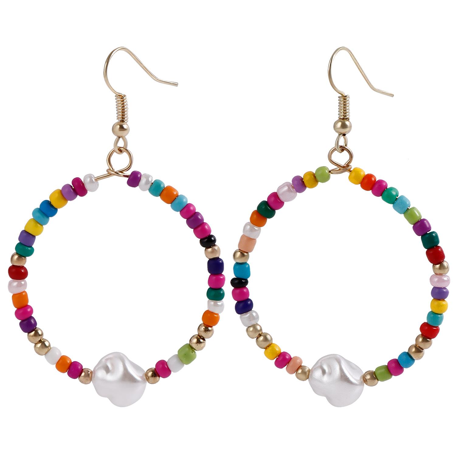 

European and American jewelry, fashionable color rice bead imitation pearl earrings, casual beach geometric circle earrings trendy girl