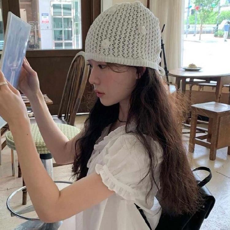 Popular Rose Flower Beanies Hat for Female Pullover Skull Hat Elegant Girl Knitting Hat Breathable Hollowed Slouch Hat