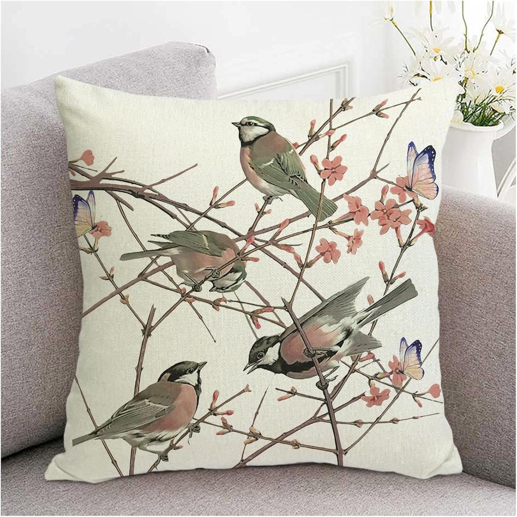 Farmhouse Summer Pillow Covers 18x18 Inch Bird Decorative Outdoor Square Linen Pillowcase Cushion Case for Sofa Couch