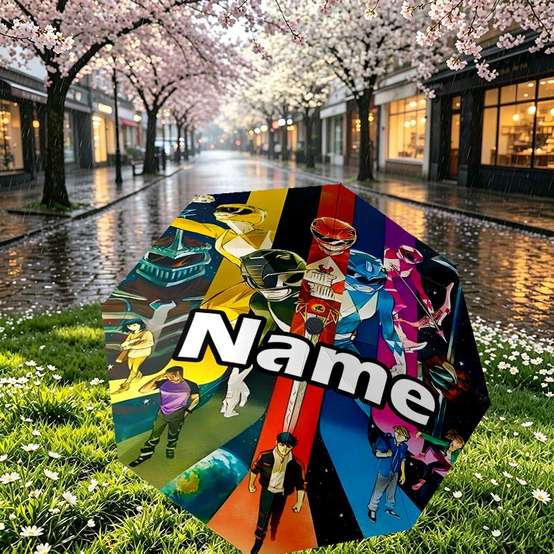 Custom Name Personalized Mighty Morphin Power Rangers Print Umbrella, Auto Open Close, 8‑Rib Sturdy Frame, Commute Camping Hiking Use, Birthday Gift