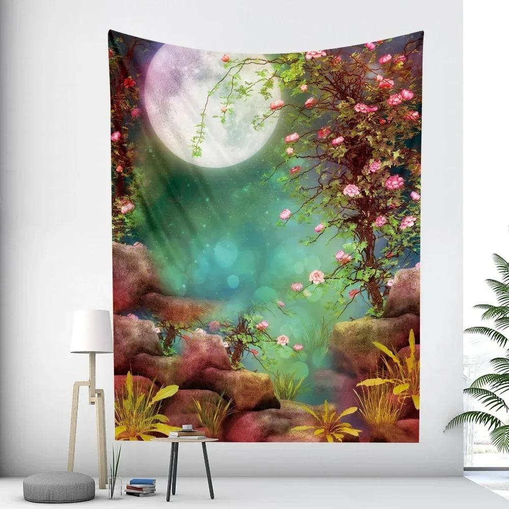 Forêt Scène Psychédélique Lune Tapisserie Décorative Décor Mural Maison Salon Bureau Tapisserie