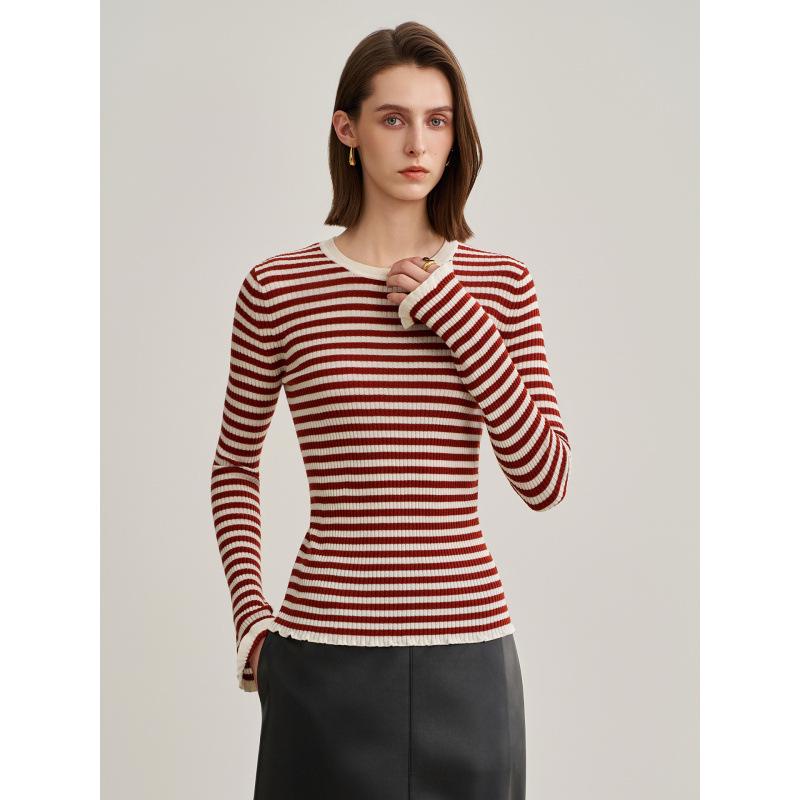 Women's Slim Fit Striped Wool Sweater: Color-Blocked, Sun Protection, Long Sleeve, Knitted Pullover.