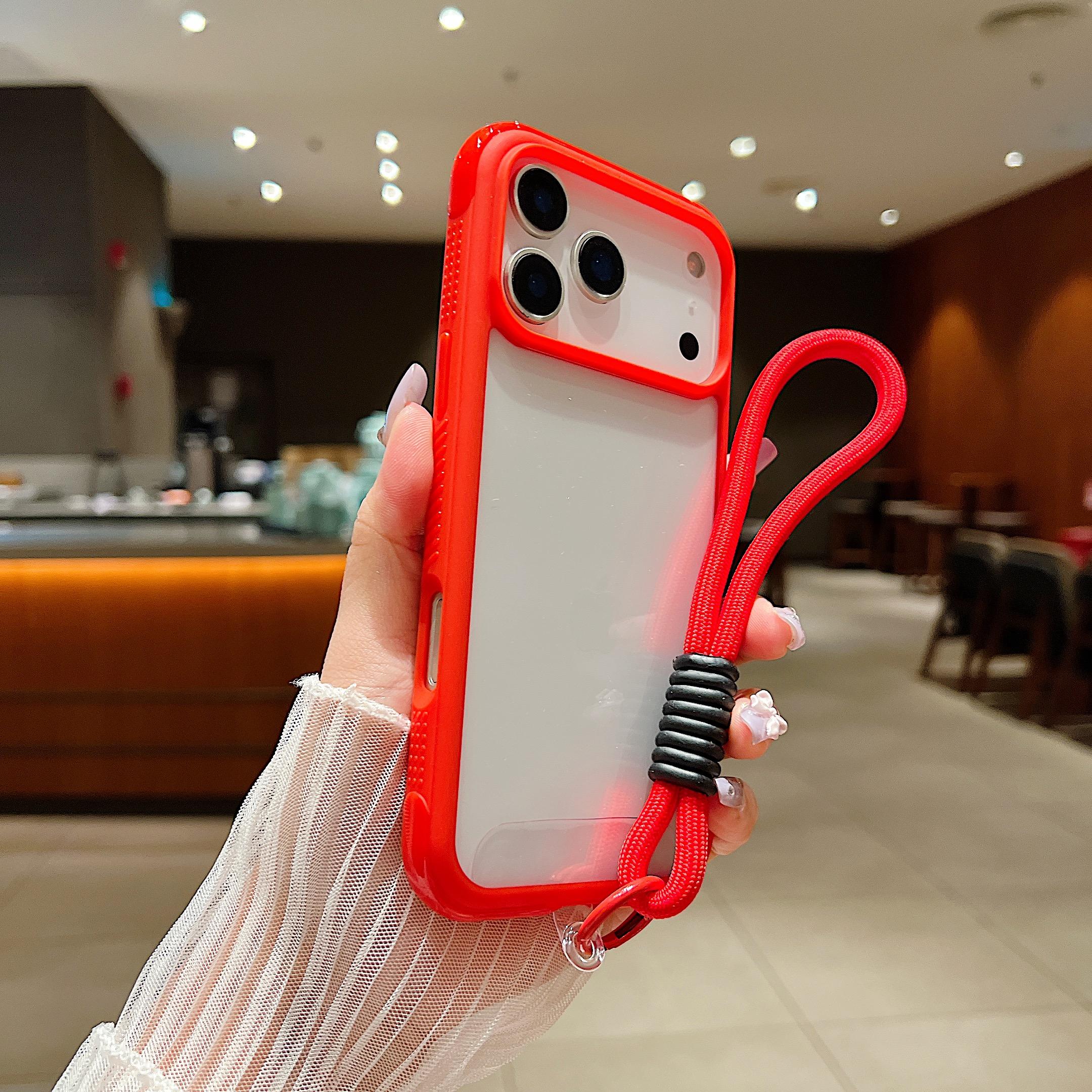 

For iPhone 17 Pro Max Case TPU+PC Transparent Protective Phone Cover with Wrist Strap Red