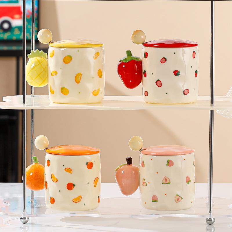 New High Value Fruit Mug with Lid Spoon Cute Ceramic Water Cup Office Home Coffee Cup