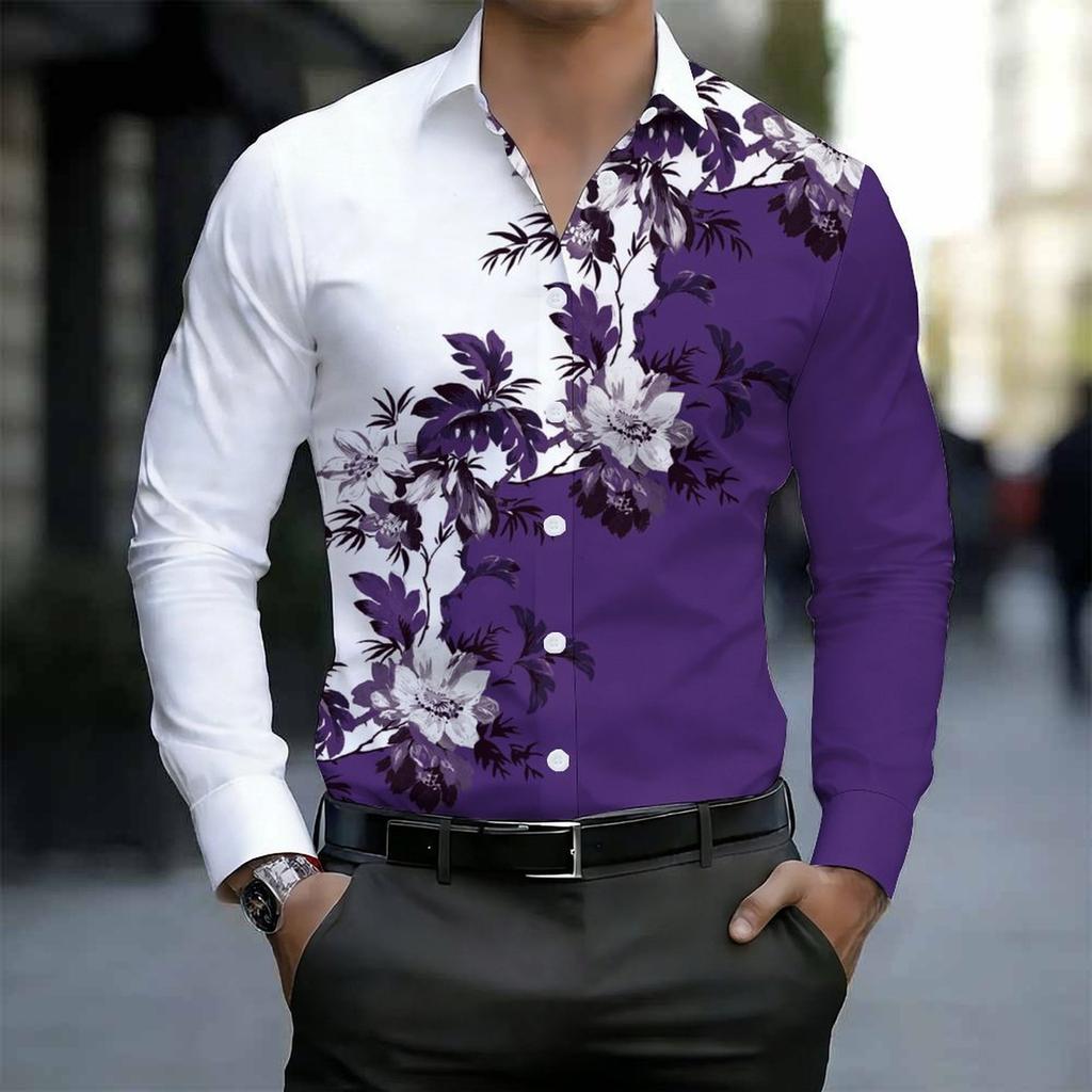 Men Collared Shirt Black Purple Two Tone Big Rose Floral Print Long Sleeve Button Down Top