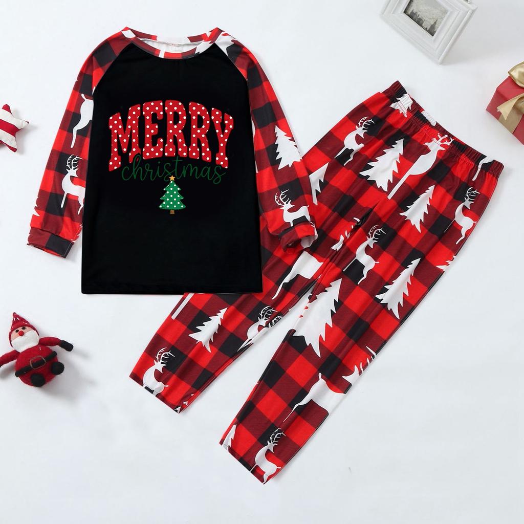 Family Matching Holiday Loungewear Set with Cute Christmas Print, Raglan Long Sleeve Top and Pants for Parents and Kids