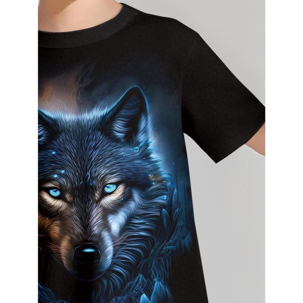 2-piece boys' short sleeved shorts blue flame wolf print set casual sports versatile round neck T-shirt set