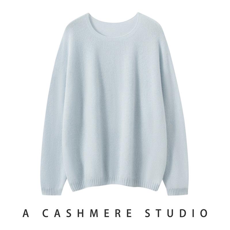 Women's Round Neck Versatile Cashmere Sweater - Solid Color, Long Sleeve, Fashionable Lazy Style for Spring, Autumn, and Winter
