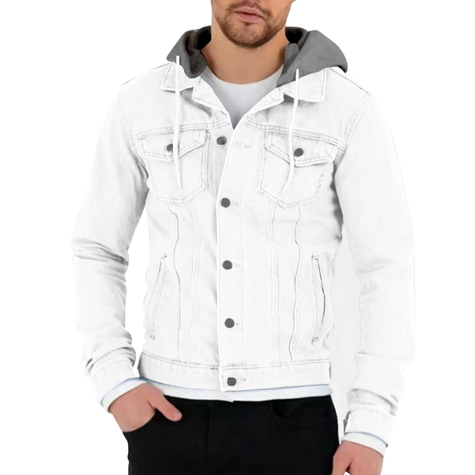 

Men s Solid Color Outdoor Workwear Casual Loose Long-Sleeved Hooded Denim Jacket M белый