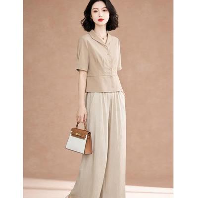 Women's Solid Lapel Short-Sleeve Shirt & High-Waist Wide-Leg Pants 2-Piece Set