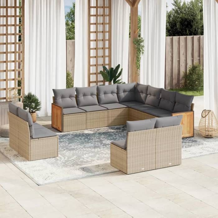 VidaXL Salon de Jardin avec Coussins 11 pcs, Canapés de Terrasse, Ensemble de Meubles de Patio, Mobilier d'Extérieur, Beige 3227767