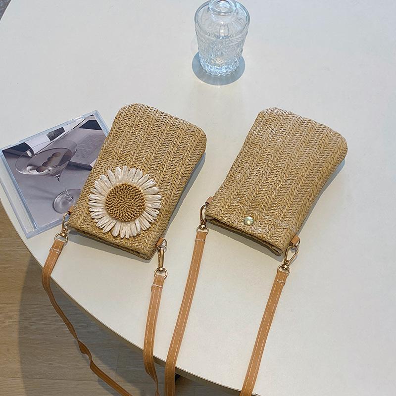 Straw Bag Women's Mobile Phone Bag Eco-friendly Forest Style Vertical Casual Bag Antique Style Single Shoulder Crossbody Woven Bag