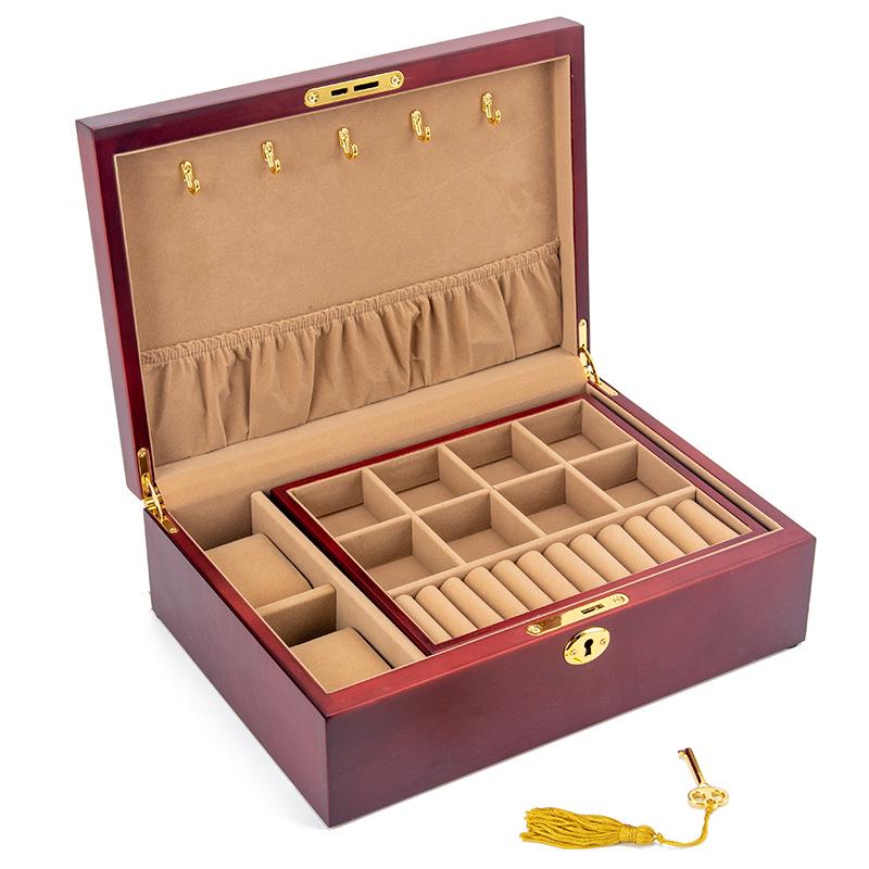 Mid-Century Solid Wood Jewelry Box with Lock: Multi-Layer Storage and Velvet Interior