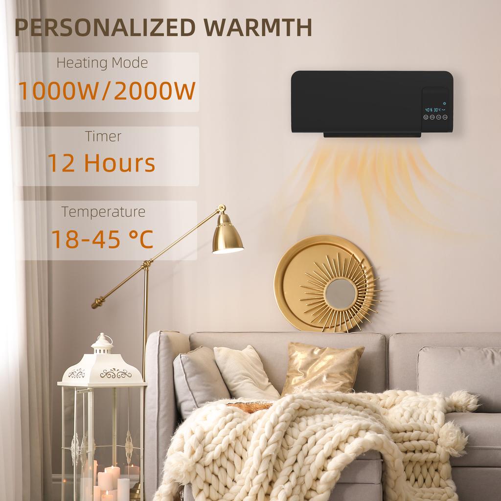 2000W Wall Mounted Heater, 18-45 Degrees C Temperature, Black