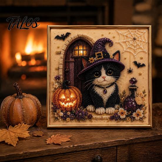 Decorative Hanging Pictures for Halloween Ghost Faux Pearl Art DIY Kit with Frame, Cat Painting Easy Projects Beginners Kit, 3D Witch Pumpkin
