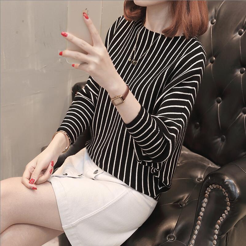 2022 Women Casual O Neck Sweater Batwing Sleeve Striped Pullover Flat Knitted Female Lady Clothes
