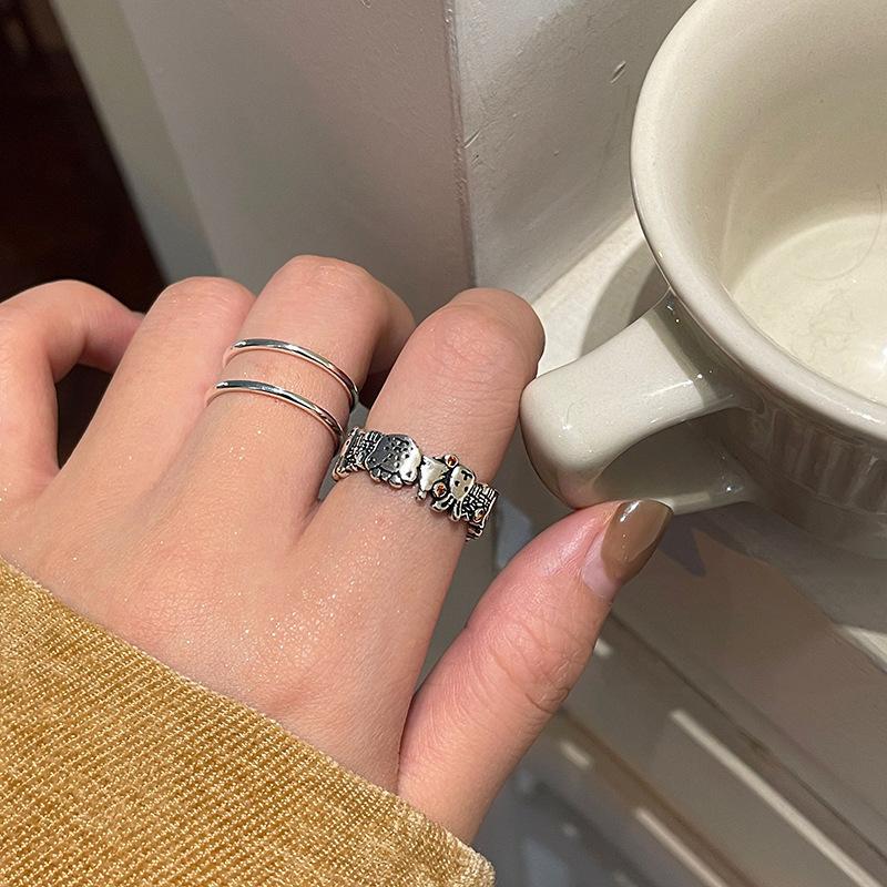 Ins Style Trendy Adjustable Open Ring With Vintage Cartoon Bear And Rabbit Characters Ideal For Fashion Forward Jewelry Womens