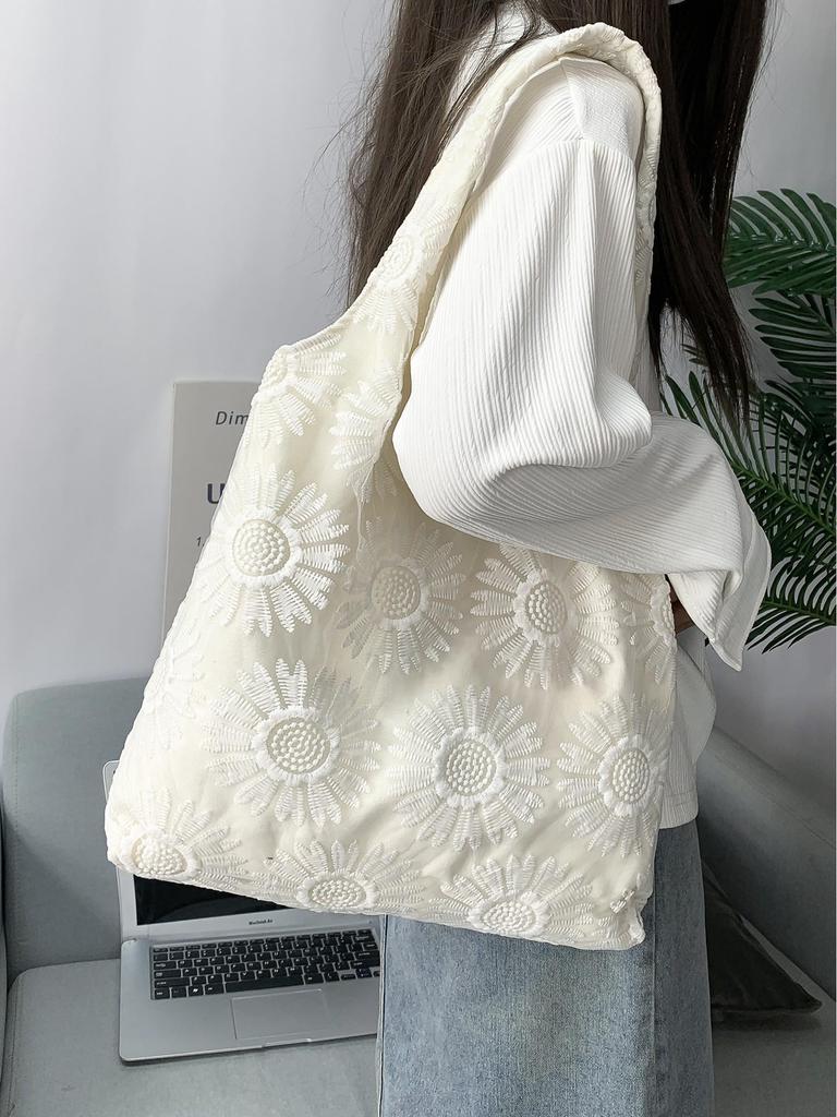 Sevimli Çiçekler ve Kelebekler ile Tembel Stil Kadın Kanvas Tote Çanta - Üniversite Öğrencileri için Geniş Kapasiteli Omuz El Çantası