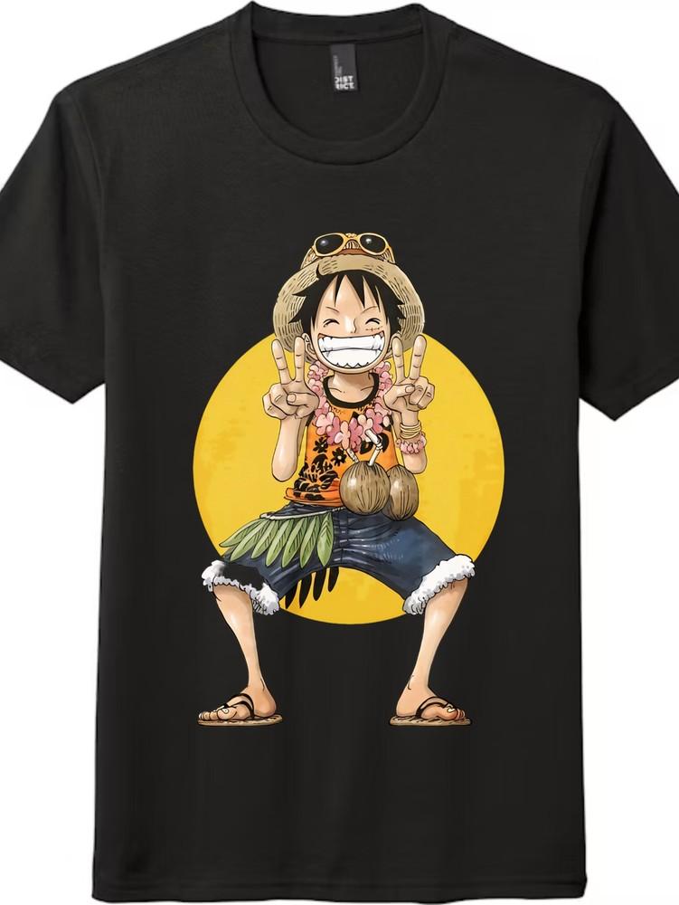 

One Piece Luffy Hawaiian Style Casual T-Shirt, Cartoon Unisex Tee, Black and White 3XL