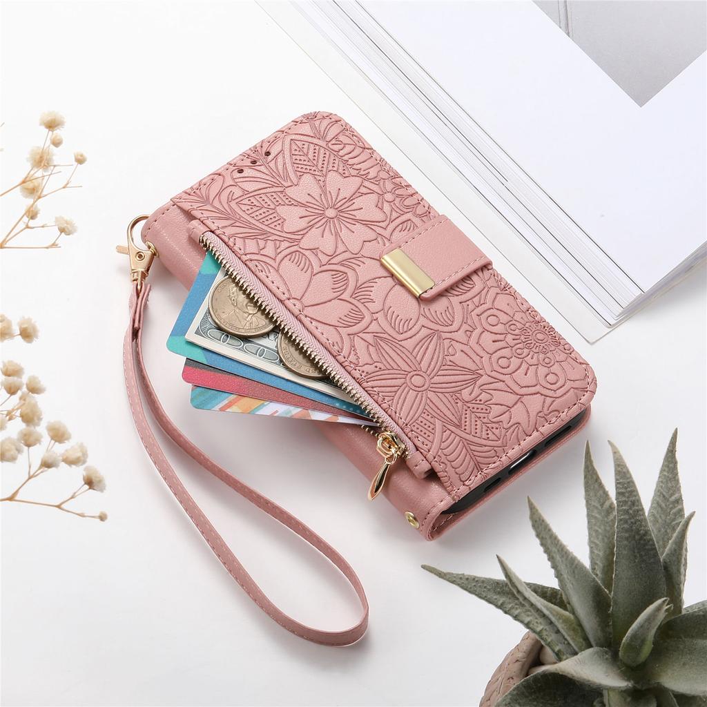 Crossbody Zipper Cards Solt Wallet Leather Embossed Flower Case For iPhone 16 Pro Max 15 Plus 14 13 12 Long Lanyard Book Cover