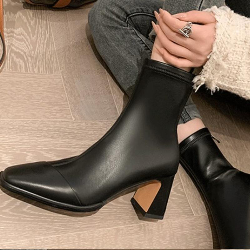 

Осенние новые ботильоны на толстом каблуке, женская мода, квадратный носок, вставки, задняя молния, противоскользящие, износостойкие ботильоны до середины икры 35 чёрный