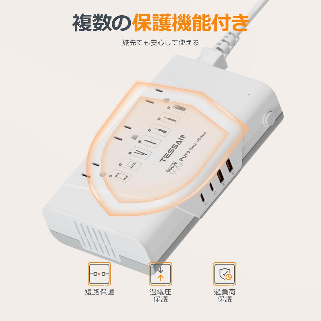 TESSAN 600W Pure Sine Wave Transformer for International 220V to 100V Converter with Type Extension QC30W Fast Compatible with and India Travel,