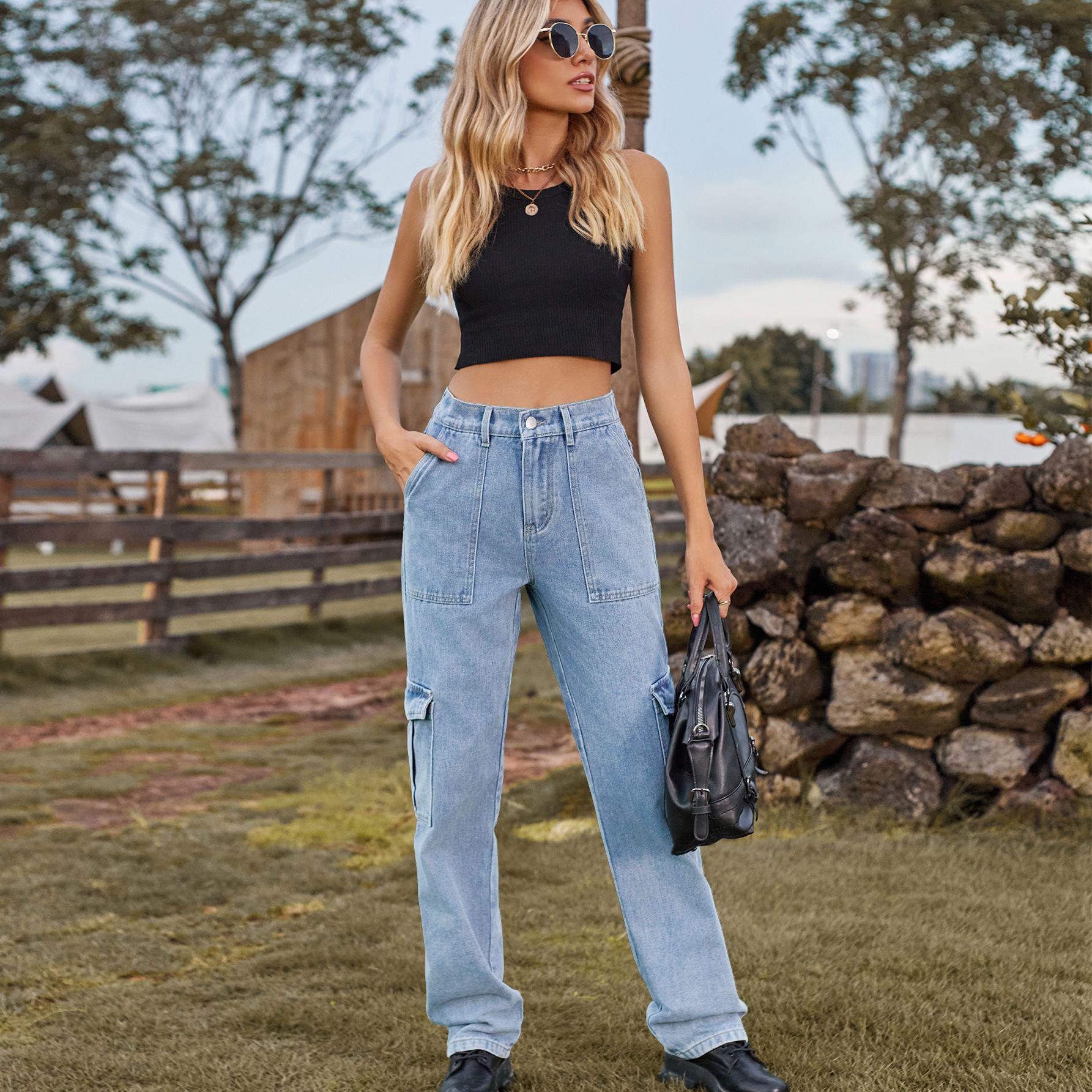 2025 Women s American Retro High-Waisted Multi-Pocket Straight Leg Workwear Denim Jeans L синий