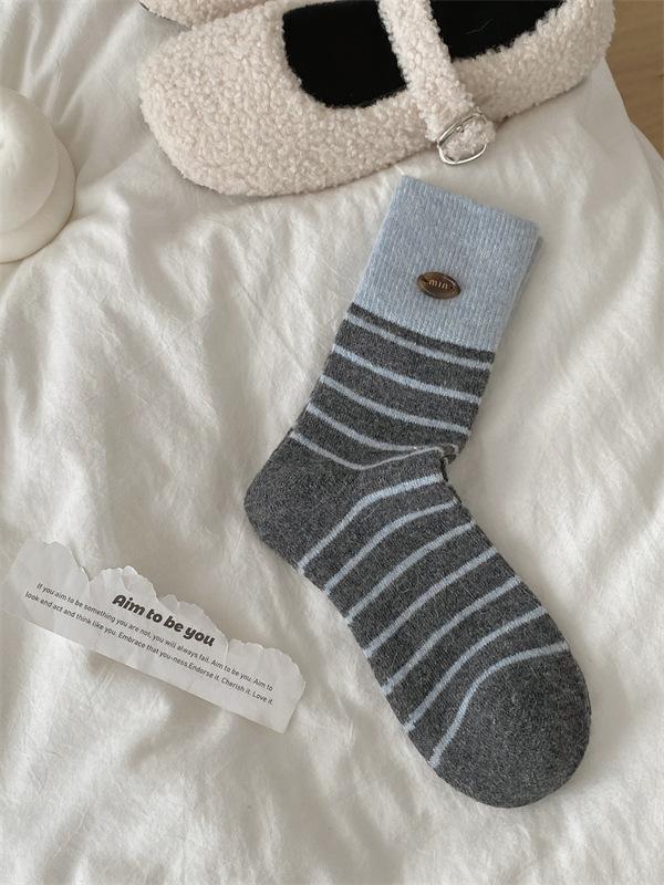 Egg Button Wool Socks Children'S Season Socks Striped Thickened Warm Stacking Socks Winter Confinement Socks