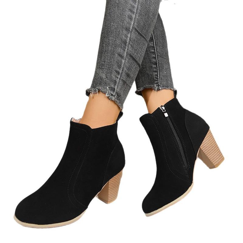 Large Size Women's Shoes Autumn and Winter New Round Head Solid Color High Heel Short Tube Side Zipper Fashion Boots Women