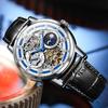 OLEVS Men's Mechanical Automatic & Manual Leather Fashion Watch Blue Skeleton Moon Phase Waterproof