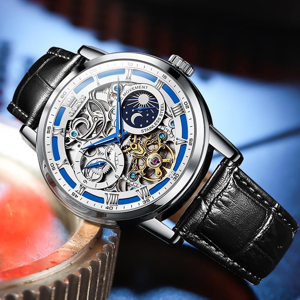 OLEVS Men's Mechanical Automatic & Manual Leather Fashion Watch Blue Skeleton Moon Phase Waterproof