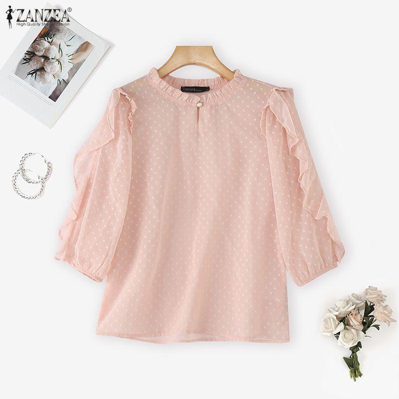 ZANZEA Womens Casual Ruffles Splice 3/4 Sleeve Summer Sheer Cover Up Blouse