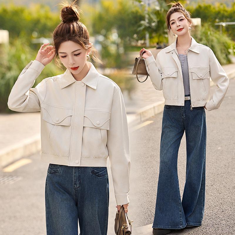 

Женская короткая куртка из искусственной кожи для миниатюрных - Весенняя мода 2025, Универсальное повседневное пальто (Модель XG9971) L грязно-белый