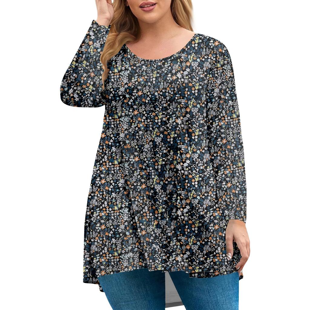 Women's Plus Size Top, Garden Collar Long Sleeved Shirt, Fashionable Floral Print Casual Top