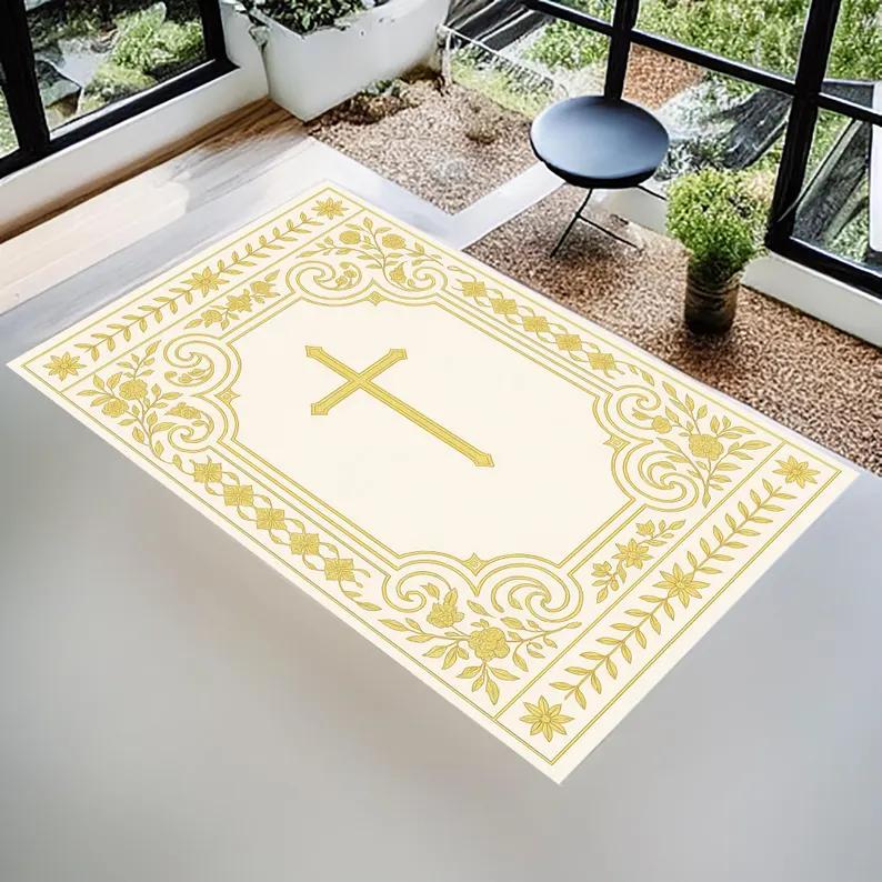 

Luxury Religious Style Carpet Gold Cross Pattern Floor Area Rug Soft Non-Slip Mat for Living Room Bedroom Church Decor 40X60CM