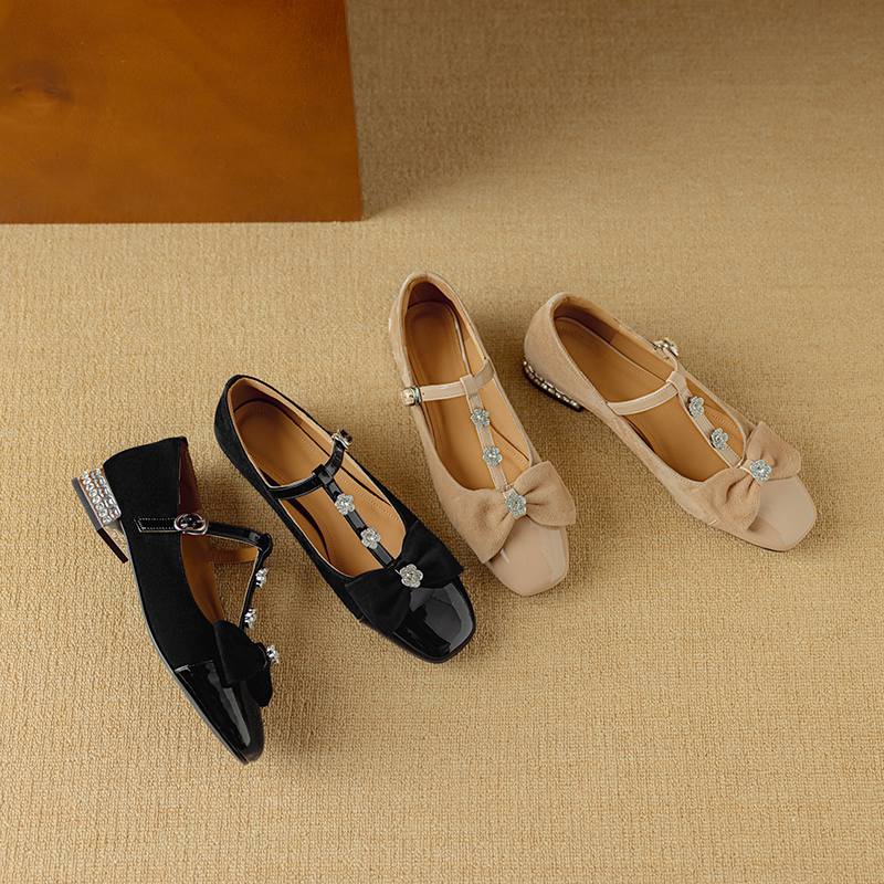 Krazing Pot Sheepskin Summer Size 40 Crystal Low Heels Butterfly-knot Rhinestone Flowers Square Toe Elegant Sweety Pumps