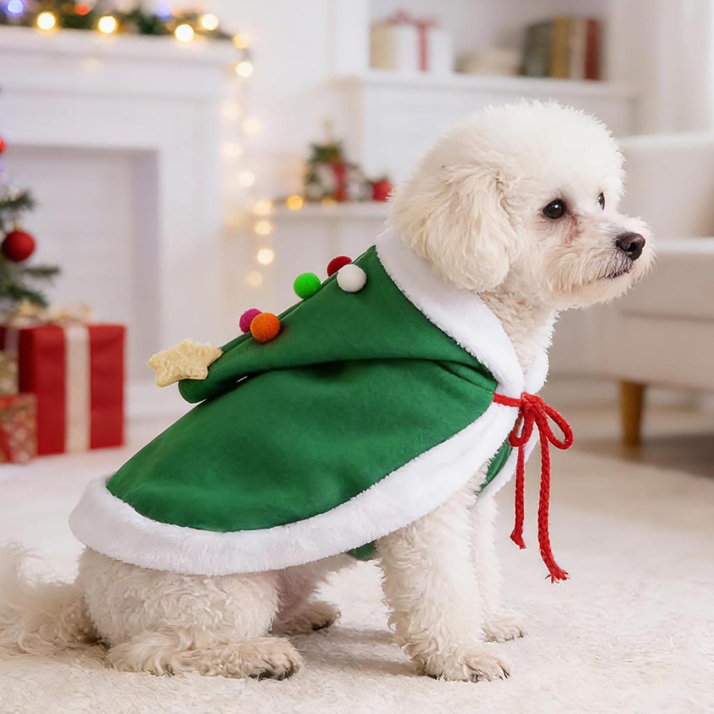 1Pc Cat Christmas Cape with Star and Pompoms Hat Festive Pets Christmas Costume Green Soft Cloak for Small Breed Dogs Holiday Party Outfit Pet Attire