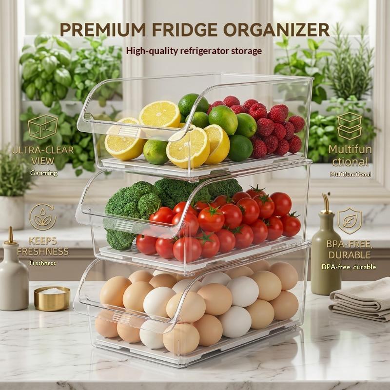 Clear Stackable Fridge Organizer Bpa Free Fresh Keeping For Storing Fruits Veggies Eggs In Kitchen