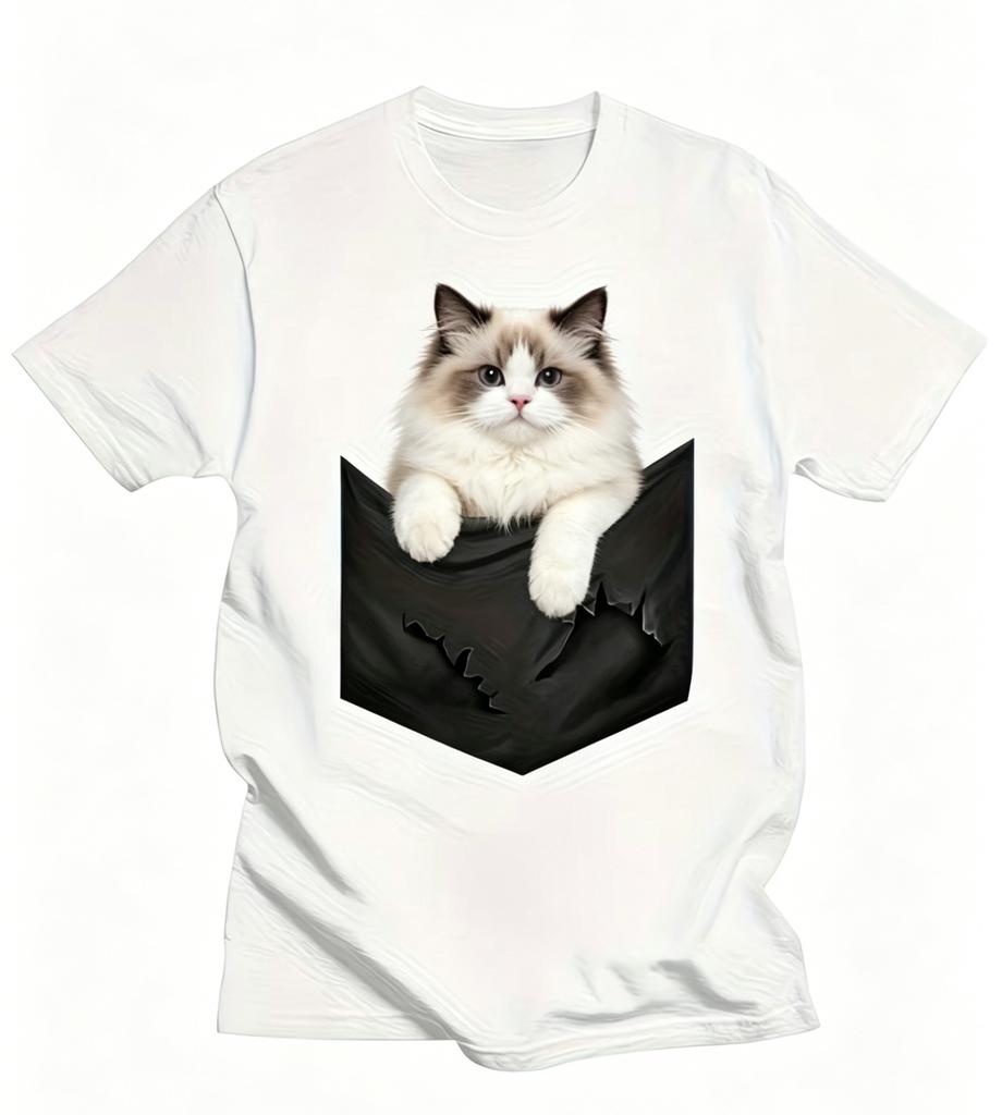 Funny 3D Cat In Pocket TShirt Creative Ginger Cat Graphic Tee Realistic Animal Print Top Unique Illusion Summer Casual Tshirt