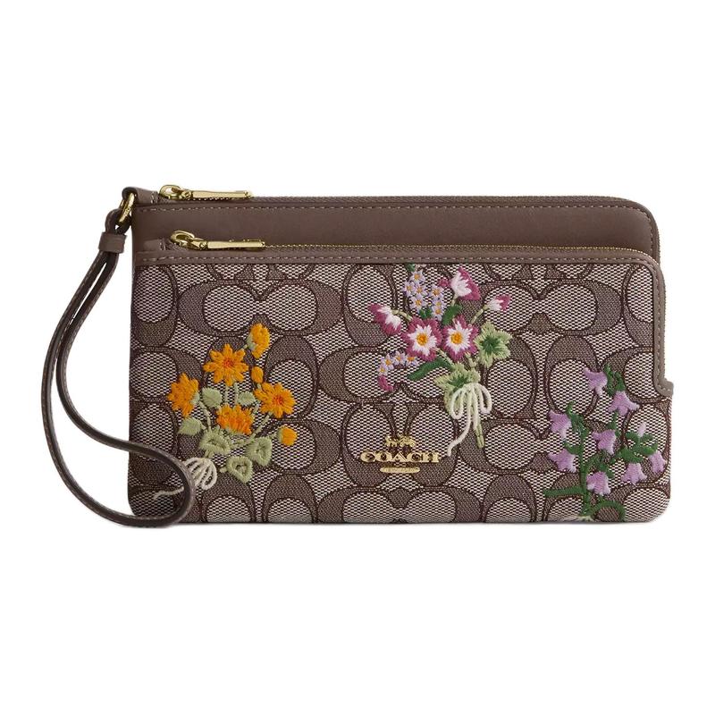COACH Wristlet 20 Signature Jacquard Double Zipper Leather Clutch Small Women s Gold and Oak Gold and oak color золотой